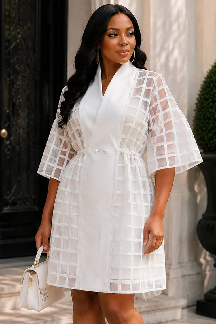 Xpluswear Design Plus Size Business Casual White Short Sleeve See Through Mini Dresses(With Cami Dress) [Pre-Order] 2024 - Xpluswear