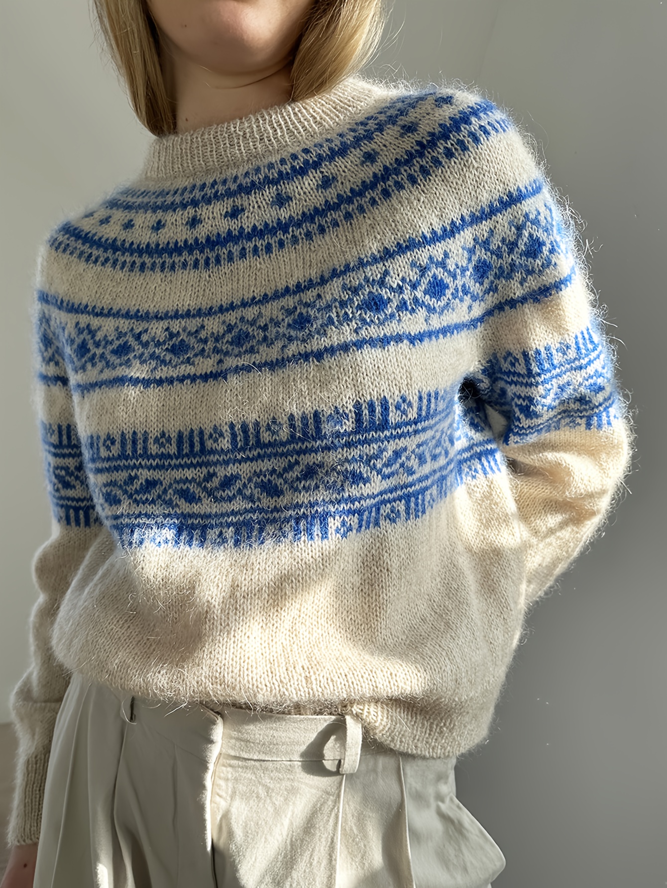 Women's Cozy Blue & White Cable Sweater - Soft Long Sleeve Pullover with Geometric Pattern, Round Neck, Casual Fall/Winter Wear, Perfect for Casual Attire, Casual Winter Wear | Cable Sweater | Construction, Sweater Dress, Beautiful Sweater For Women