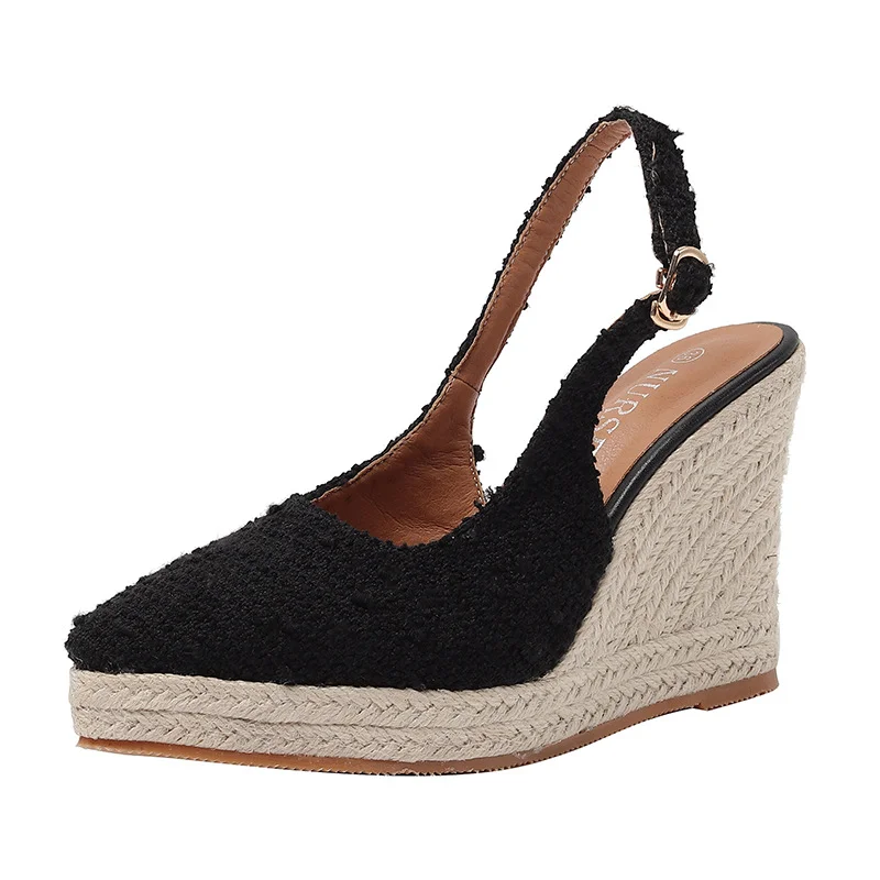 Wongn Wongn New Slope Heel Thick Bottom Baotou Drag High Heels Back Empty Thick Heel Women's Shoes Straw Hemp Rope Bottom