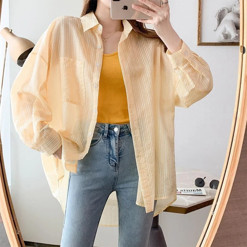 Uveng Uveng Striped Sunscreen Women's Spring And Summer 2025 New Thin Thin Chiffon Shirt Mid-Long Open Shirt Jacket