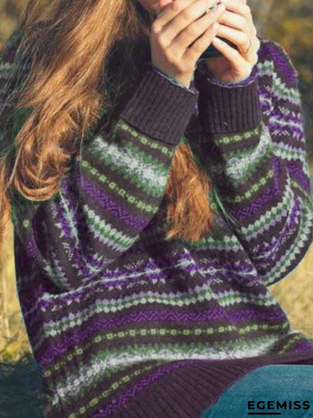 Cotton-Blend Round Neck Long Sleeve Sweater | EGEMISS