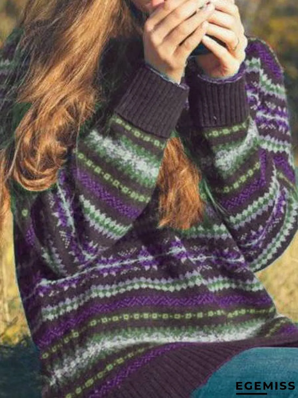 Cotton-Blend Round Neck Long Sleeve Sweater | EGEMISS