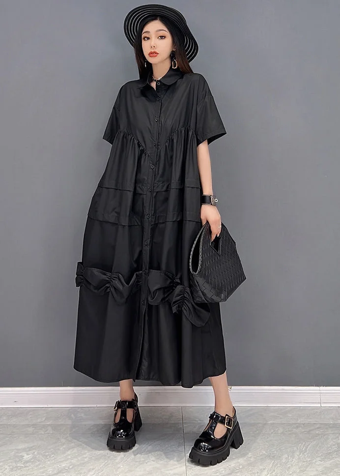 Black Loose Shirt Dresses Asymmetrical Design Wrinkled Short Sleeve