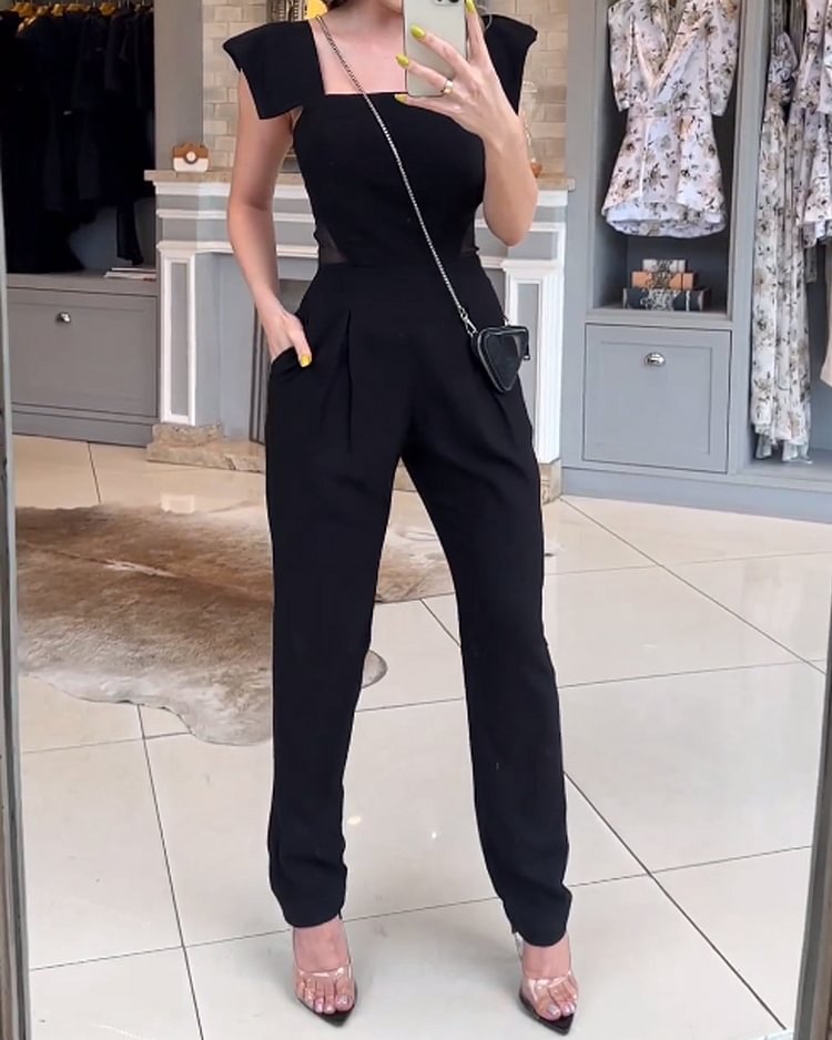Fashion Solid Color Stitching Mesh Jumpsuit