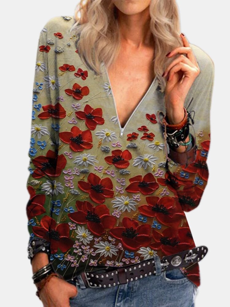 Calico Printed Long Sleeve V neck Zip Front Blouse For Women P1776944
