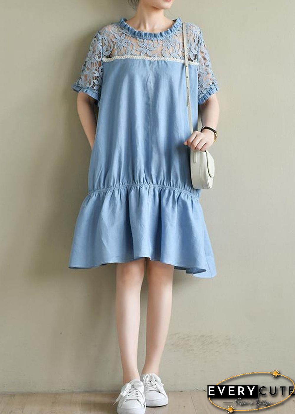 Chic o neck patchwork lace summer dress light blue Dresses