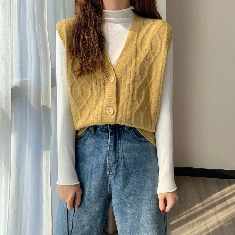 Women Sweater Vest Fresh Lovely Students Hong Kong Style Retro Outwear Gentle Ulzzang V-neck Single Breasted Leisure Fashion Ins