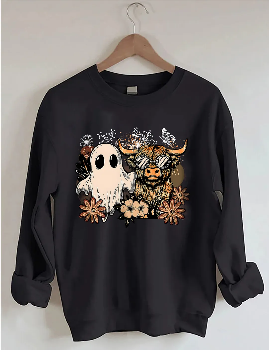 Ghost And Highland Cow With Flowers Sweatshirt