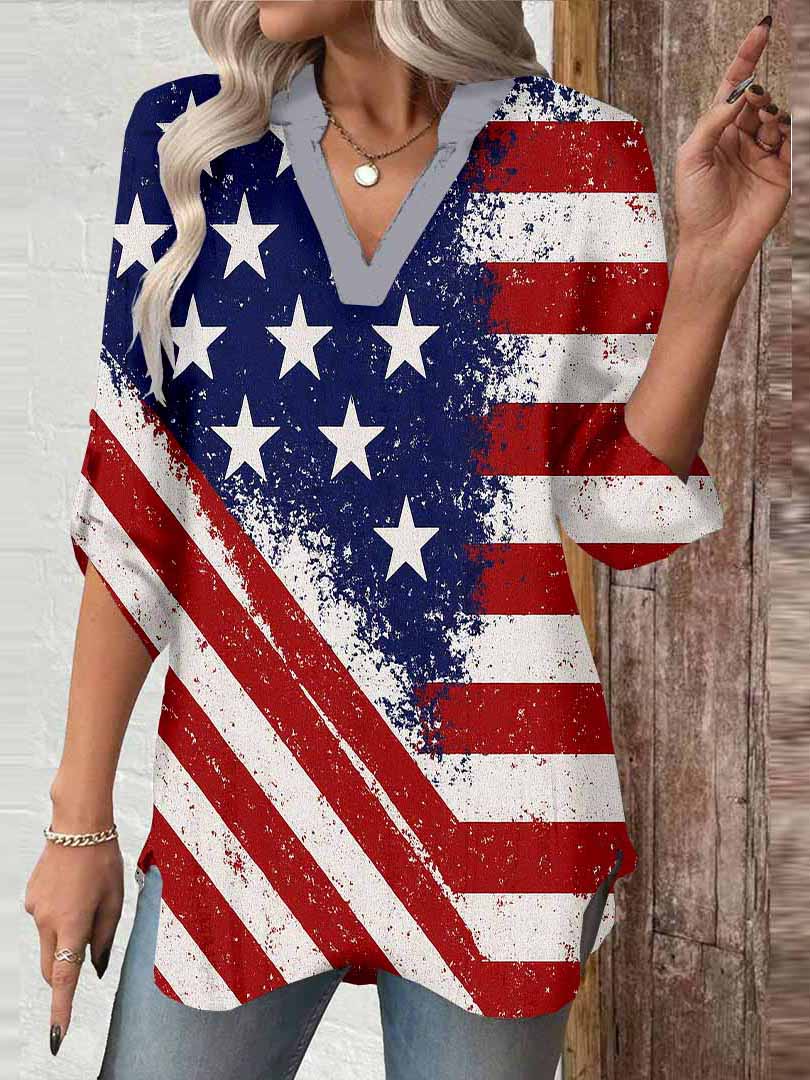 Women  Independence Day, Star, Striped, Blue, Red DZGA0247 3/4 Sleeve V-neck Printed Graphic Button Tops
