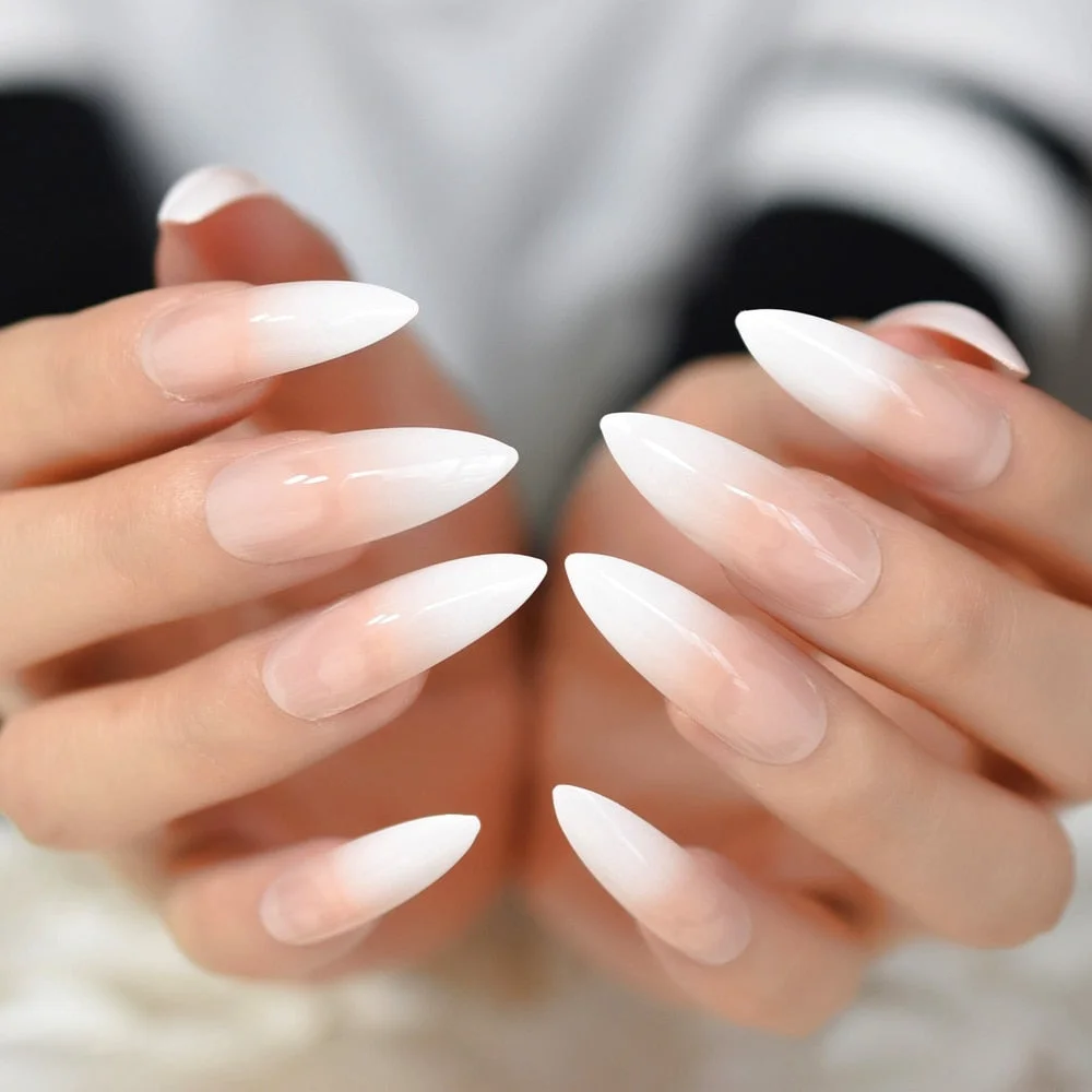 Long Ombre French Ballerina Fake Nail Nude Color White Faux Ongles Gradeint Natural Coffin False Nails 24pcs-Nail Inspo