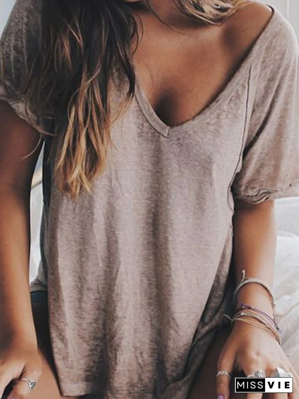 Woman Summer Casual V neck Loose T Shirt Tops