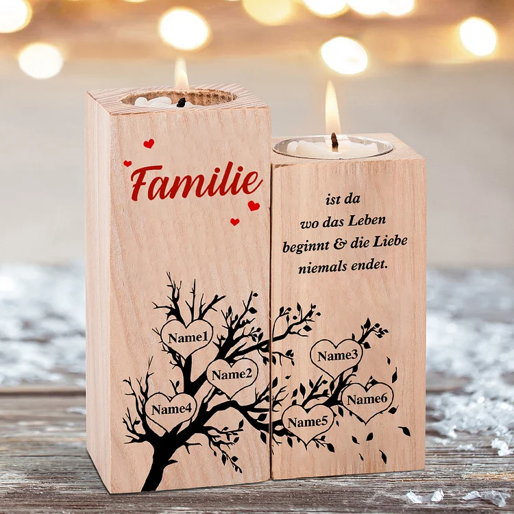 Personalisierte 6 Namen & Text Kerzenhalter- Familie ist da wo das Leben beginnt