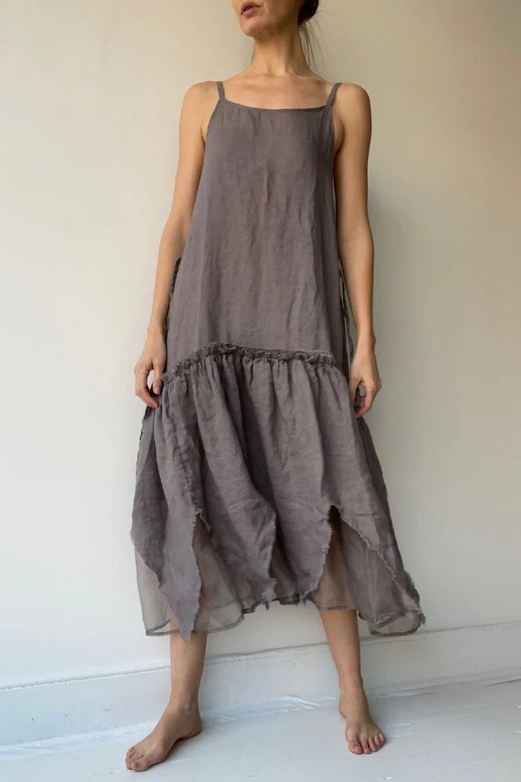 Irregular Hem Square Neck Plain Ruffled Trim Linen Midi Dresses [Pre Order]