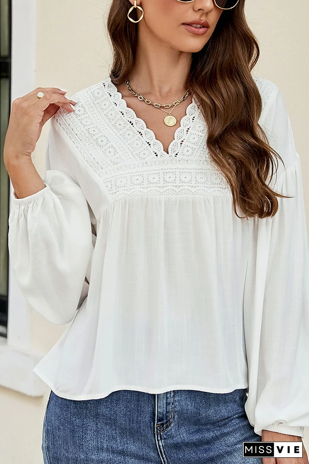 Lace Crochet Lantern Sleeves Chiffon Blouse