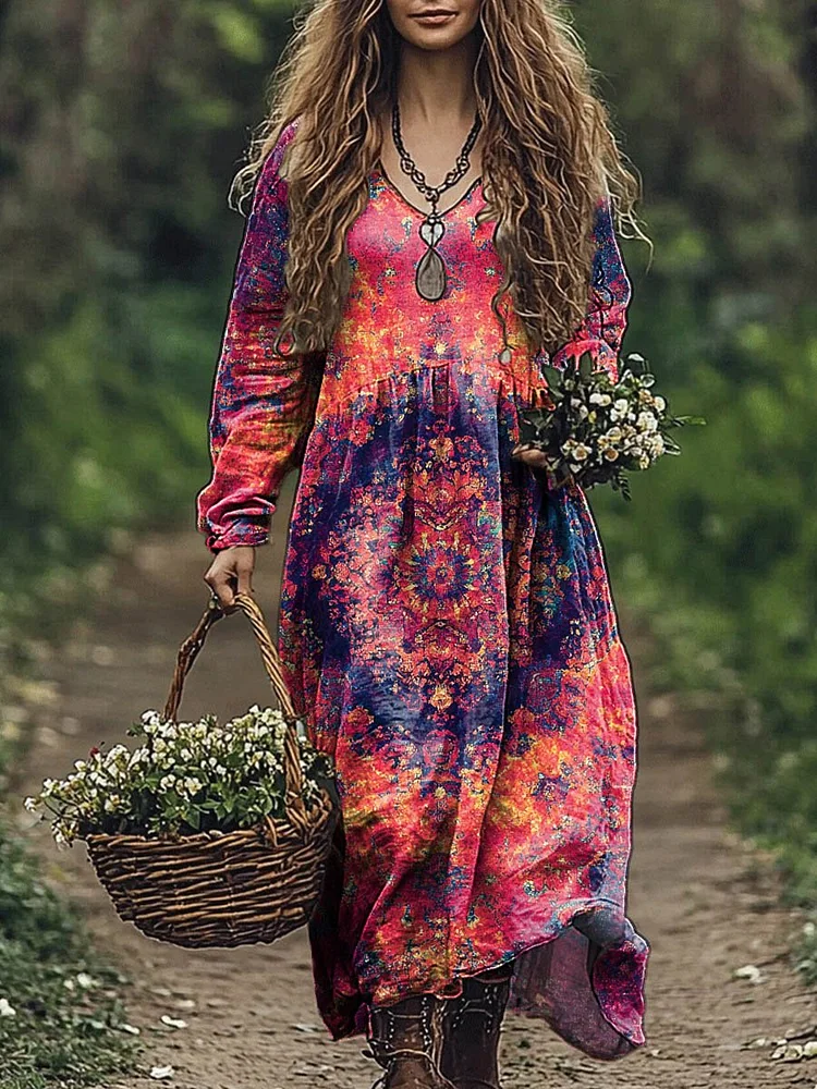 Women's Vintage Lovely Floral Art Print Pocket Cotton Dress