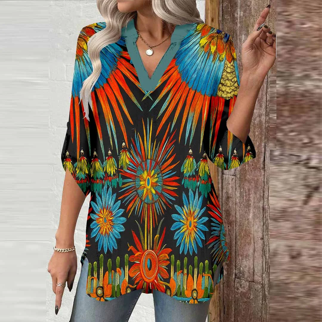 Women Ethnic, Black, Orange DZGA0490 3/4 Sleeve V-neck Printed Graphic Button Tops
