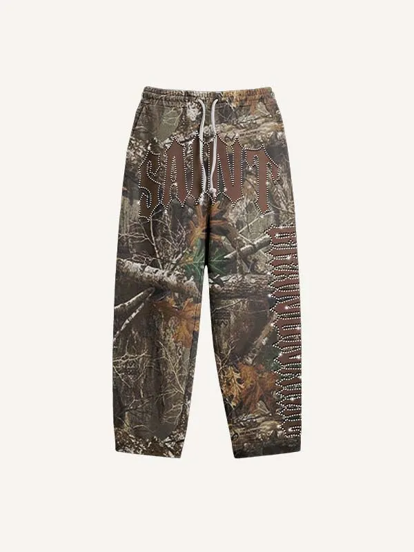 Branches&Letter Faux Rhinestones Print Elastic Waist Pants