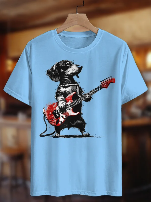 100% Cotton Men's Dachshund Playing Electric Guitar Print Casual T-Shirt