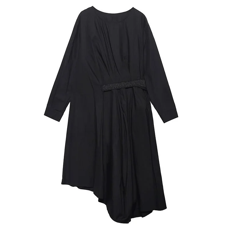 Casual Loose Solid Color O-neck Pleated Irregular Hem Long Sleeve Dress