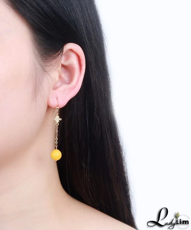Fine Yellow 14K Gold Amber Beeswax Drop Earrings