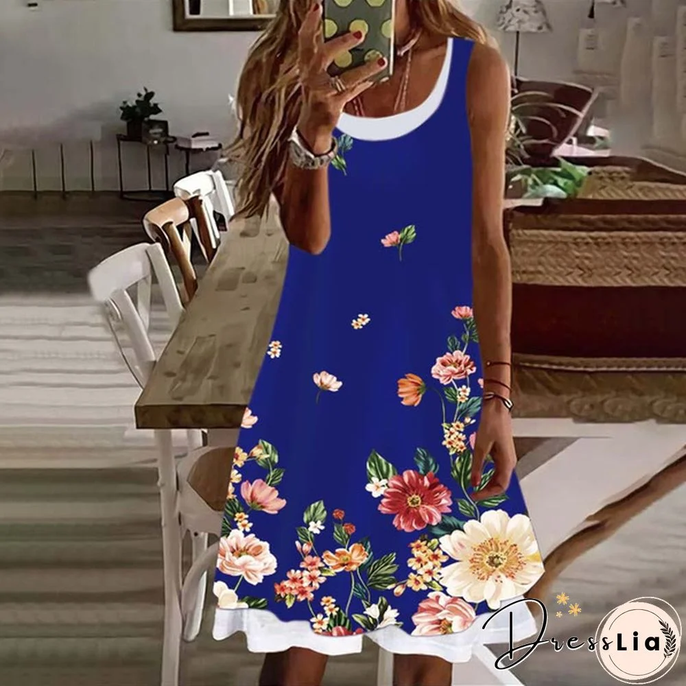 Women's Dress Summer New Fashion Women's Flowers Fake Two Pieces Printed Sleeveless Casual Soft and Comfortable Plus Size Dress S-5XL