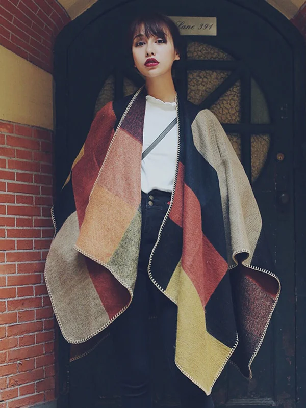 Loose Plaid V-Neck Shawl&Cloak