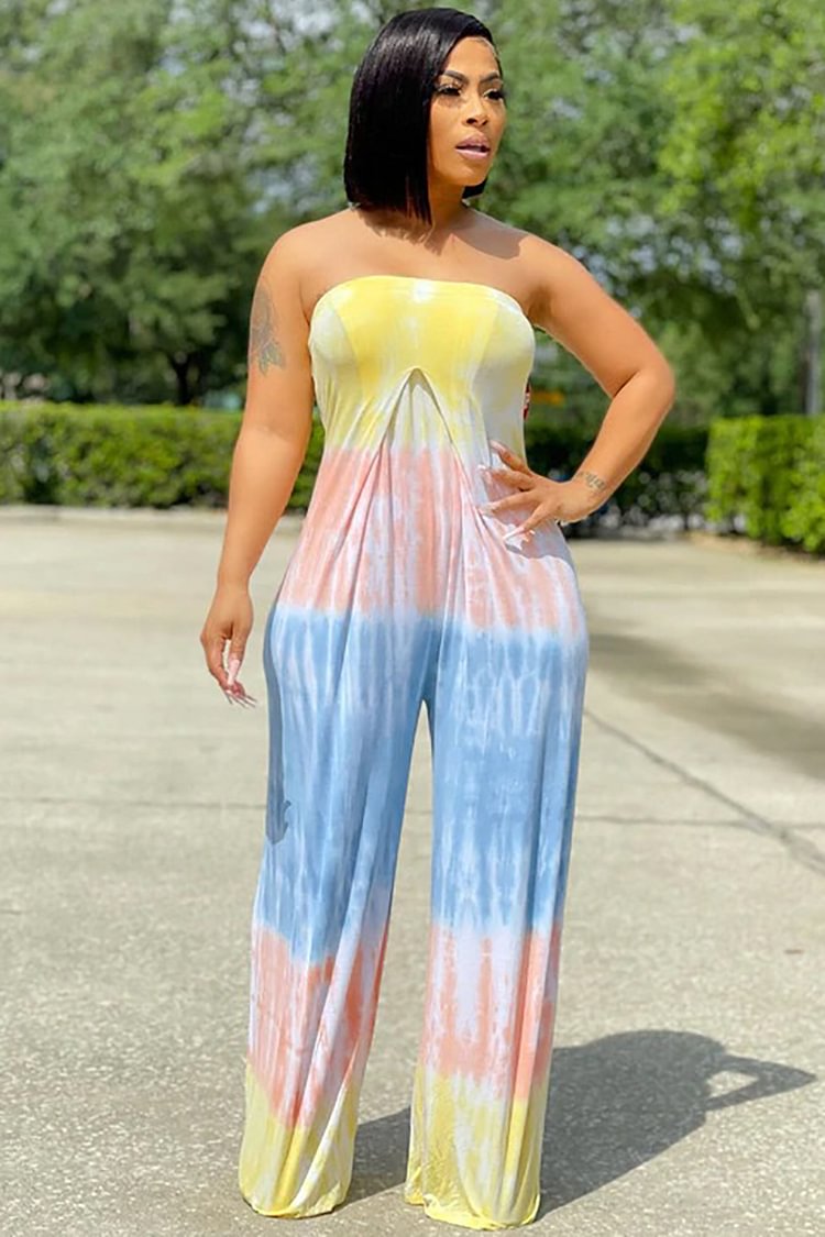 Tie Dye Print Strapless Ruched Wide Leg Vacation Jumpsuit
