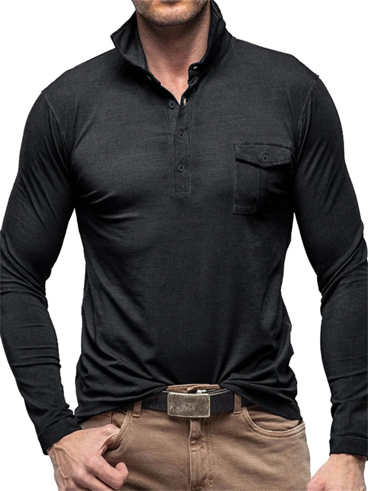 Daily Outdoor Lapel Men's T-shirts Basic Public Men's Solid Color Long-sleeved Polo Shirt S-XXL-Cosfine