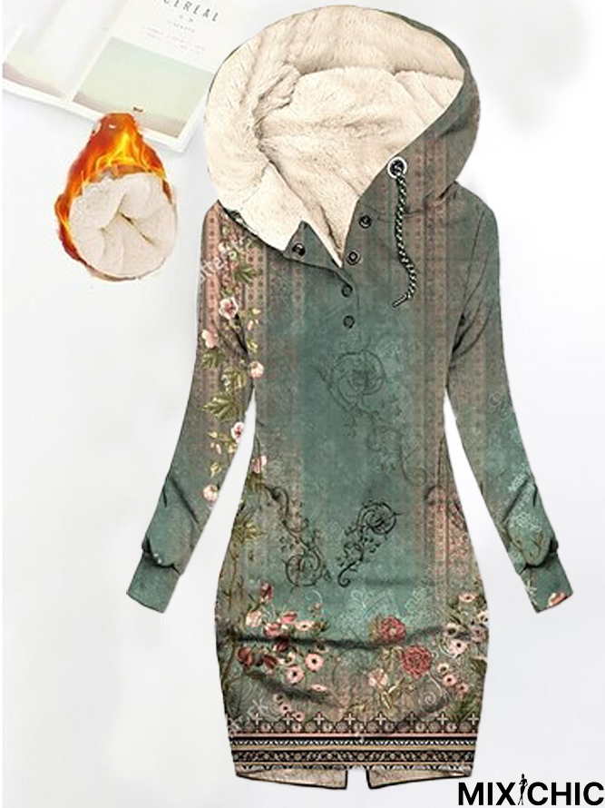Floral Fluff/Granular Fleece Fabric Casual Dress