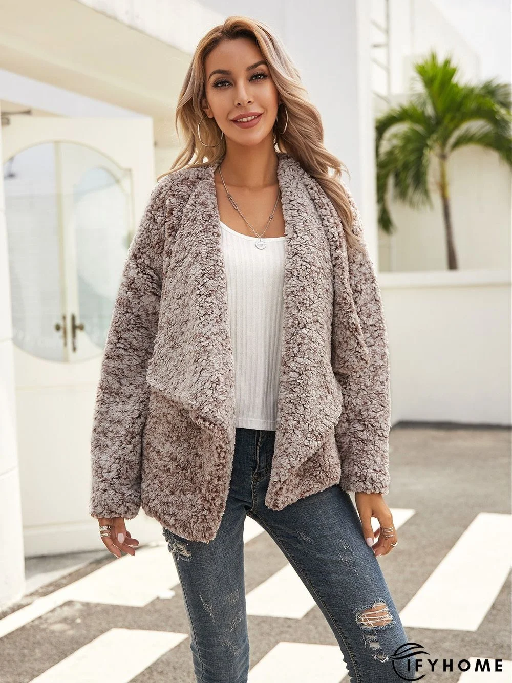 Brown V Neck Cotton-Blend Long Sleeve Plain Jacket | IFYHOME