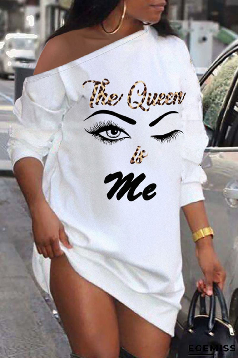 White Casual Letter Print Patchwork Oblique Collar Long Sleeve Dresses | EGEMISS