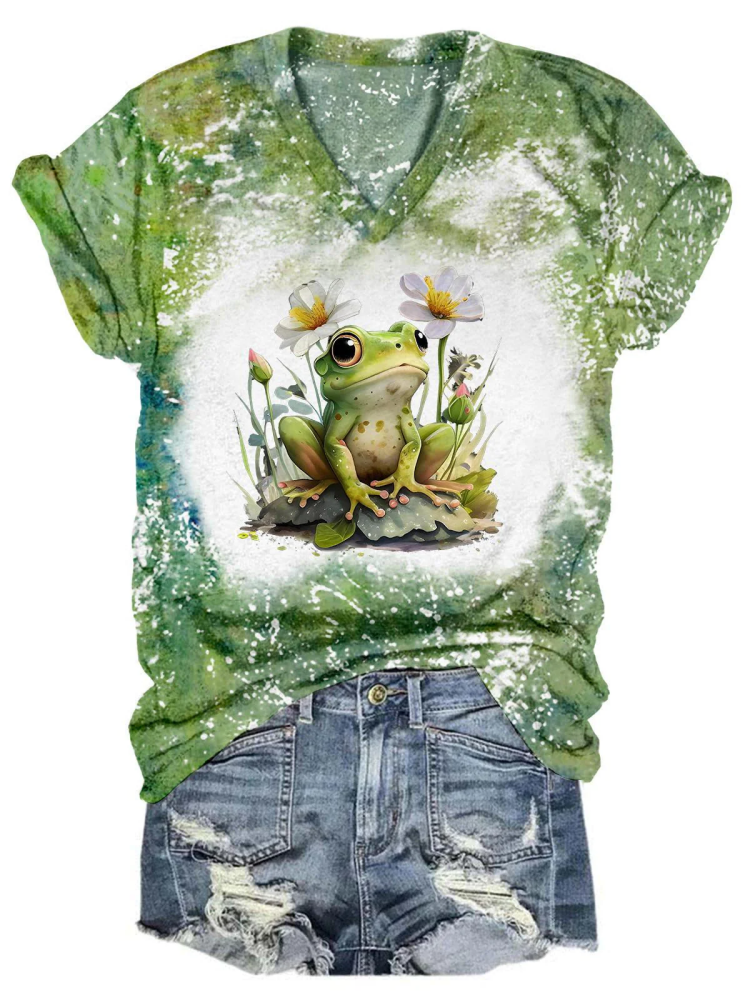 Flower Frog Summer Tie Dye V Neck T-Shirt