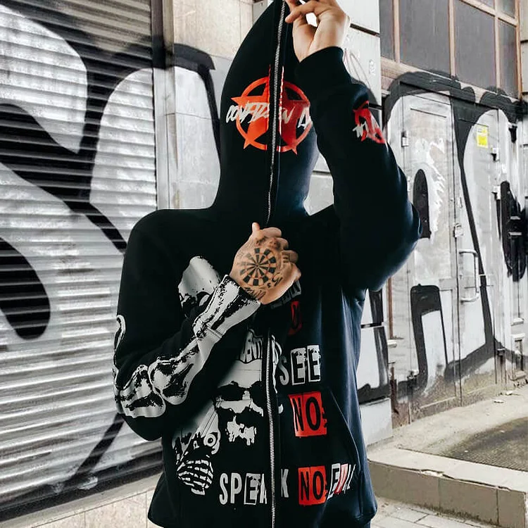 Hip Hop Men's Skull Letter Pattern Gothic Printed Street Dress Y2k Hoodie at Hiphopee