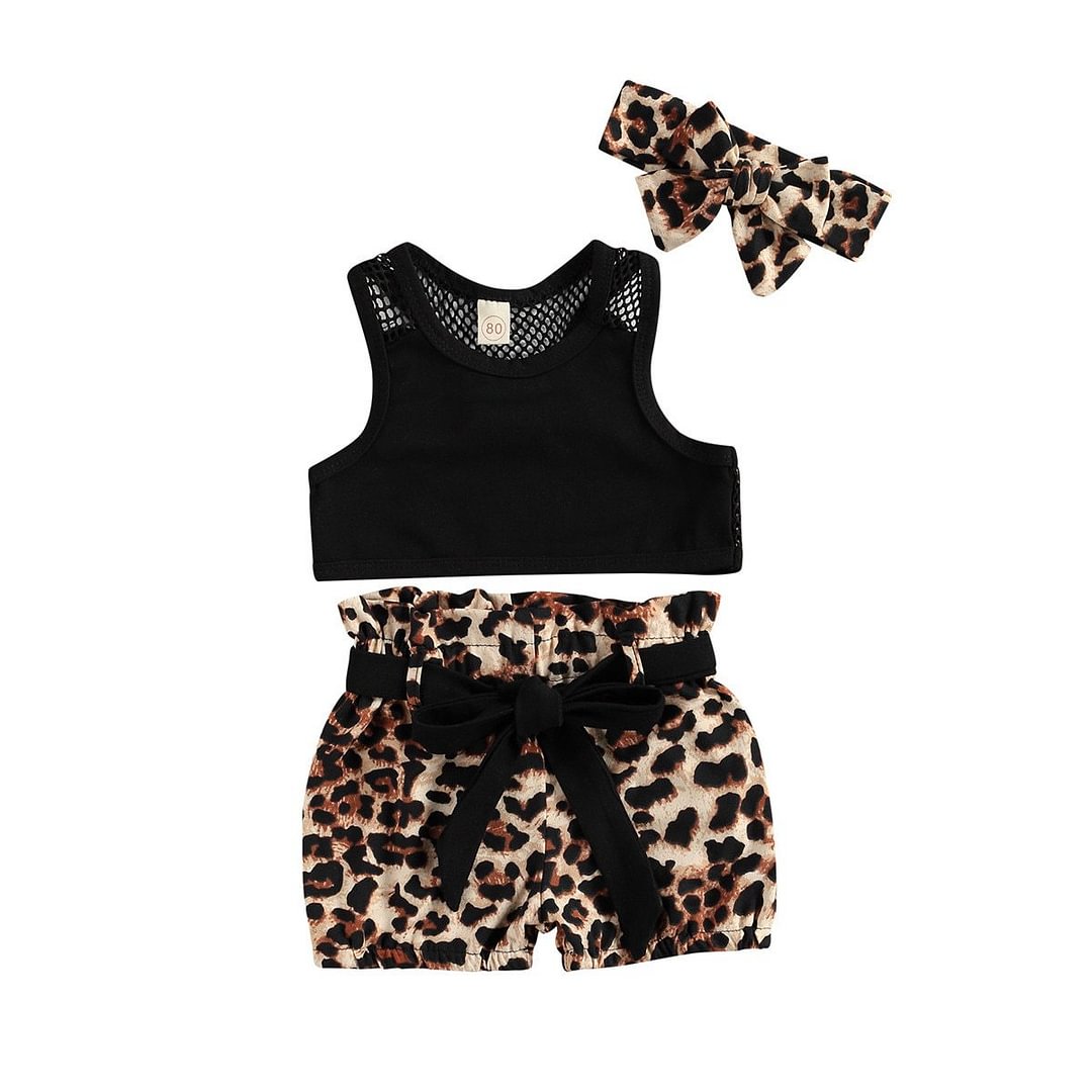 3Pcs Set Infant Kids Baby Girl Clothes Sportwear Solid Color Sleeveless Tops and Leopard Short Pants with Headband 18M-6T