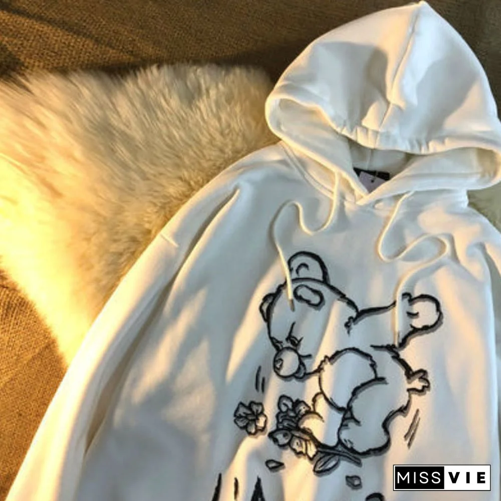 Unisex Sad Bear Print Oversized Hoodie