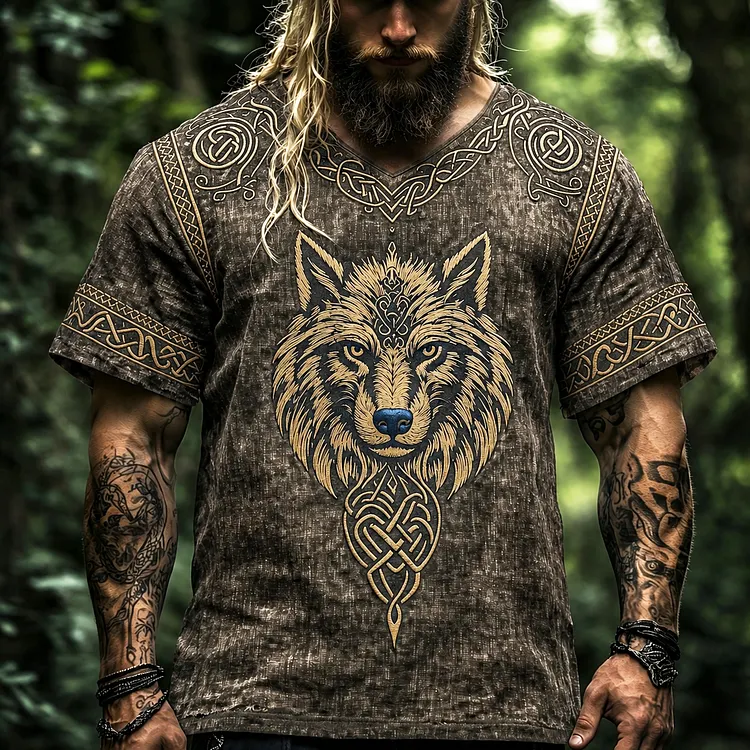 Men's Vintage Viking Wolf Print V-neck Linen Blend T-shirt