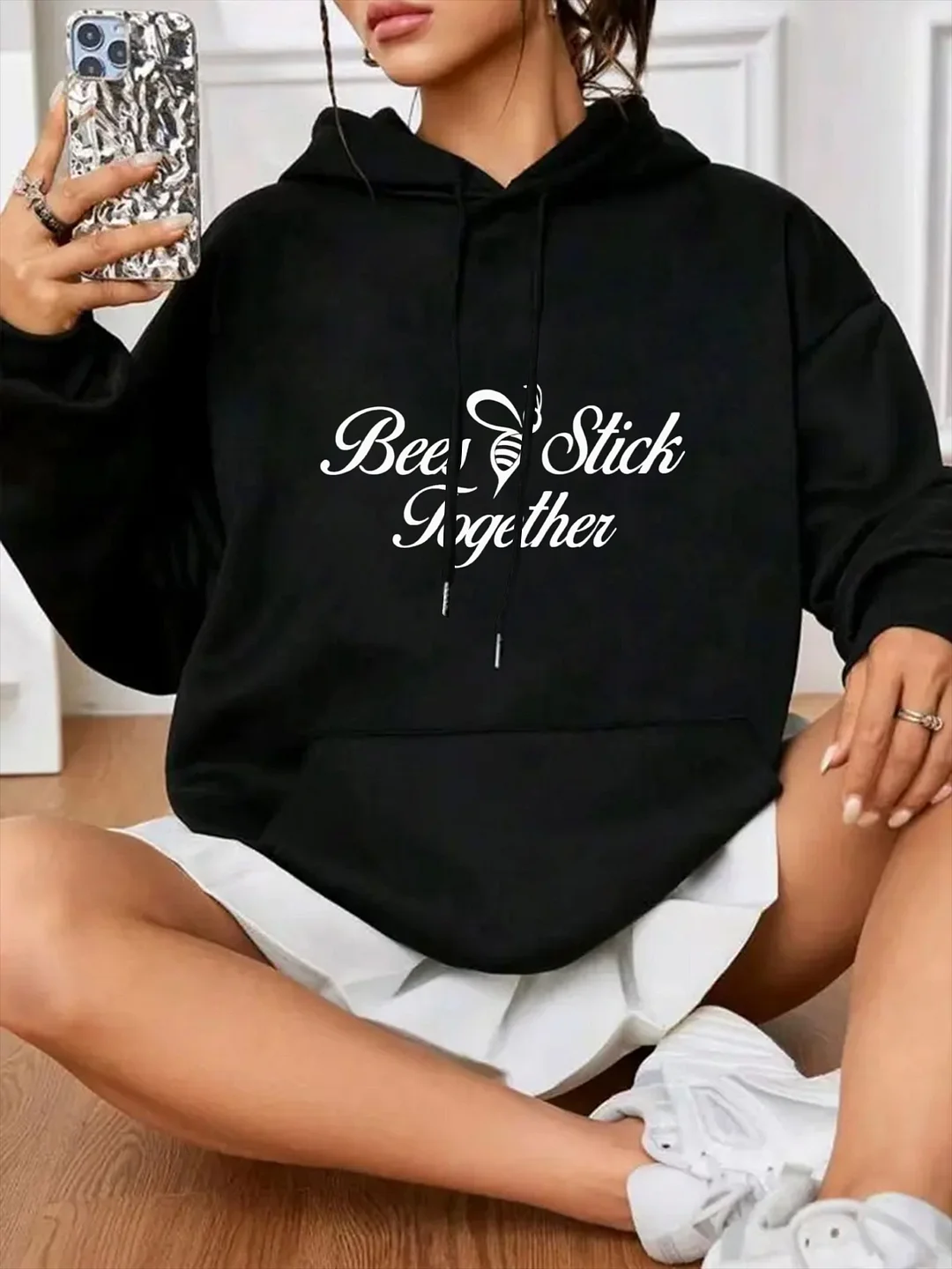 Bee Slick Together | Printed Drawstring Hoodie - Women's Sweatshirt Fabric Hooded Sweatshirt With Front Pocket - Spring, Summer, Autumn, Winter Wear - Suitable For People - Fashionable And Trendy Hoodie Sweatshirt | IFYHOME