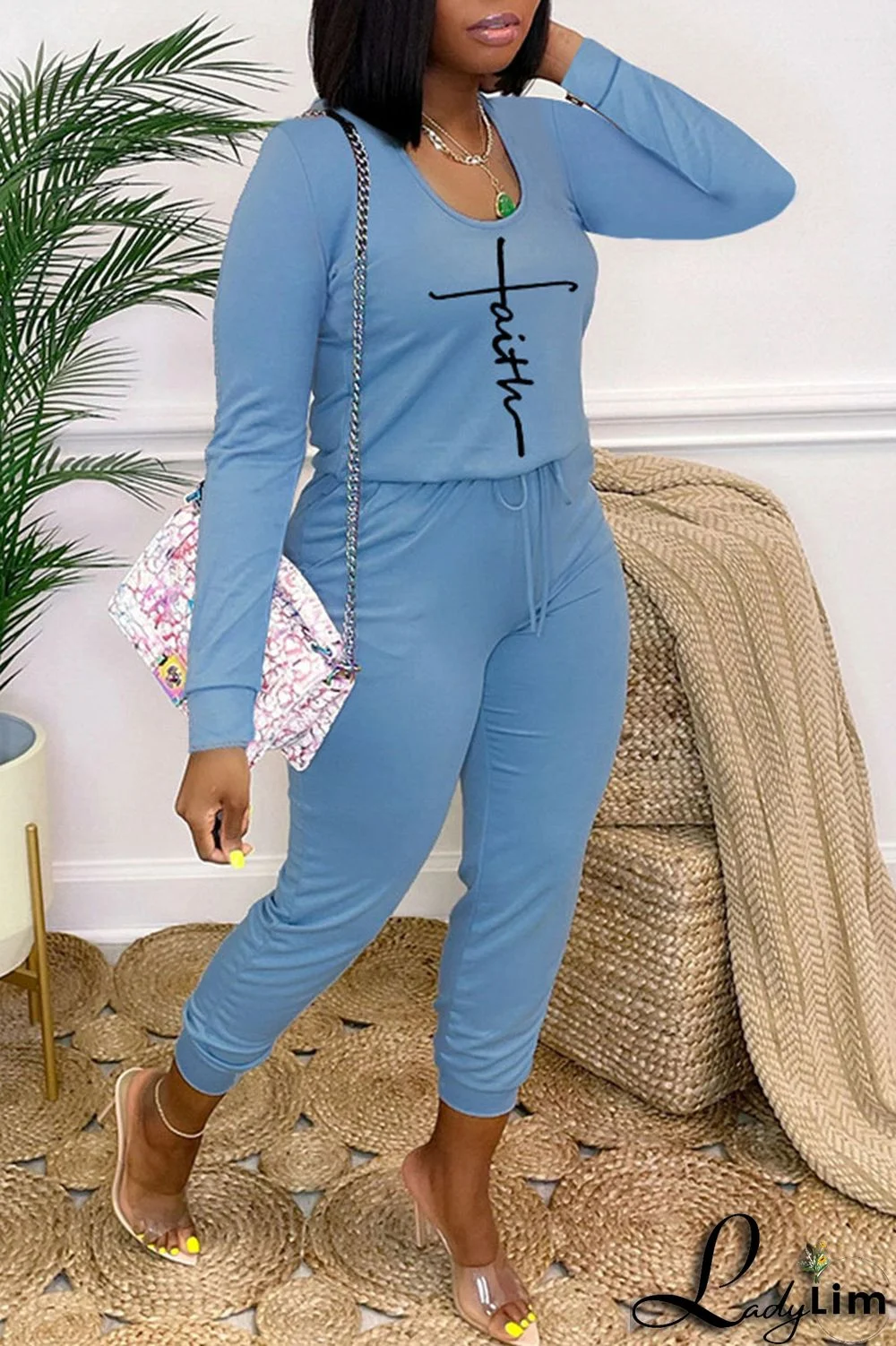 Light Blue Casual Print Bandage Patchwork O Neck Regular Jumpsuits