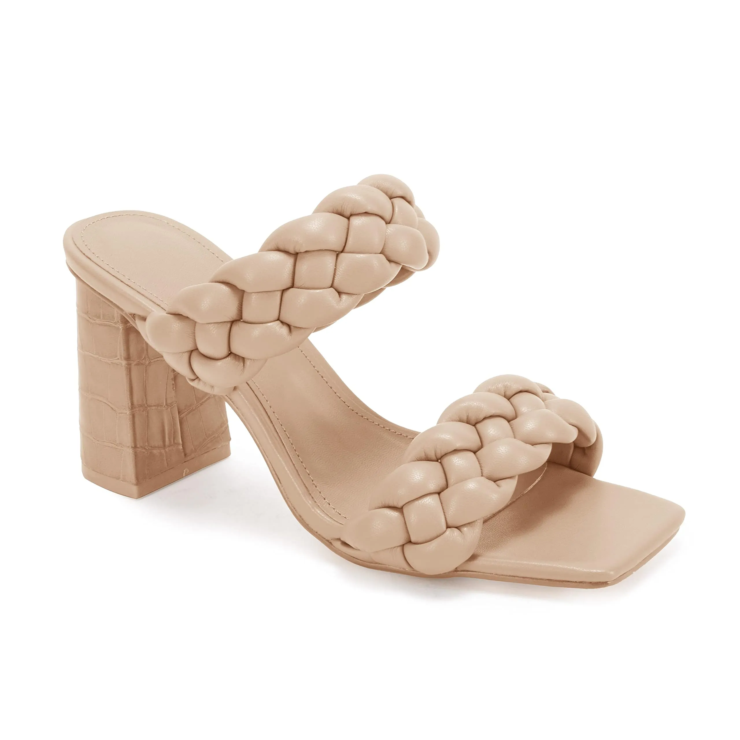 Women's Backless Square Open Toe Block Strappy Braided Heeled Sandals Light Color-vocosishoes
