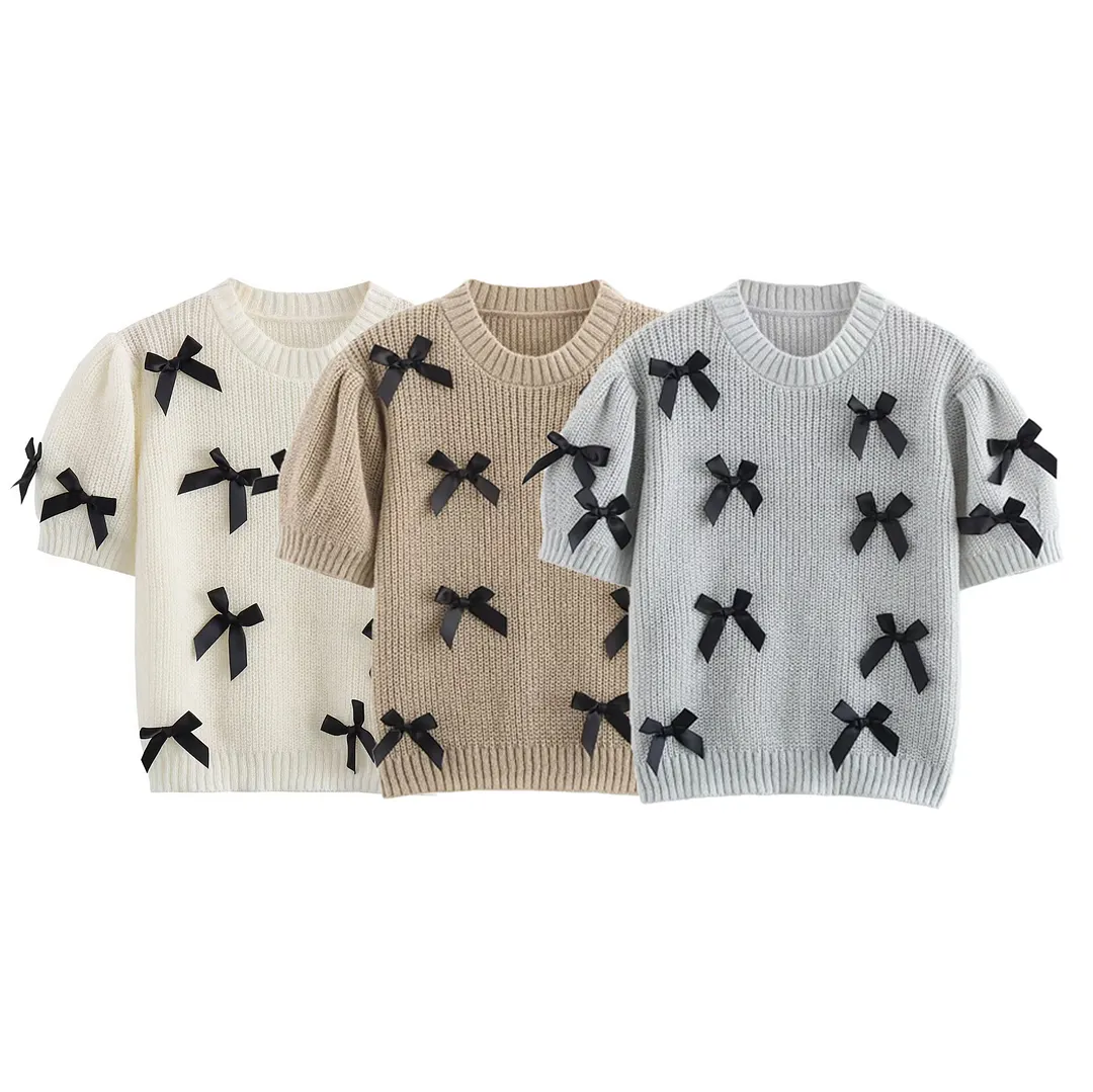 Nigikala Nigikala Autumn Women's Round Collar Bow Decoration Short Solid Color Sweater B88739