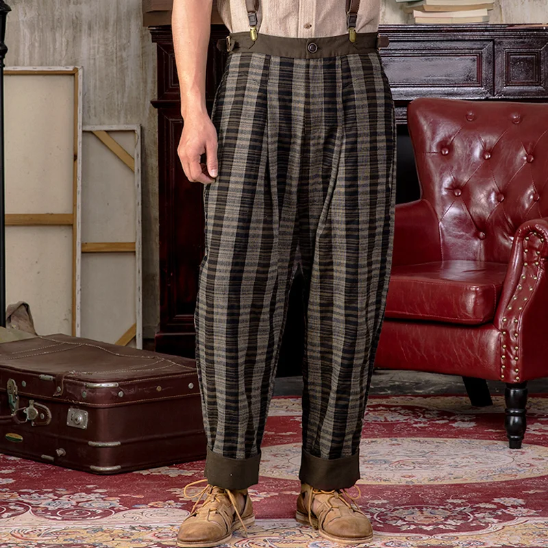 Retro Cotton Linen Plaid Thin Workwear Wide-Leg Casual Pants
