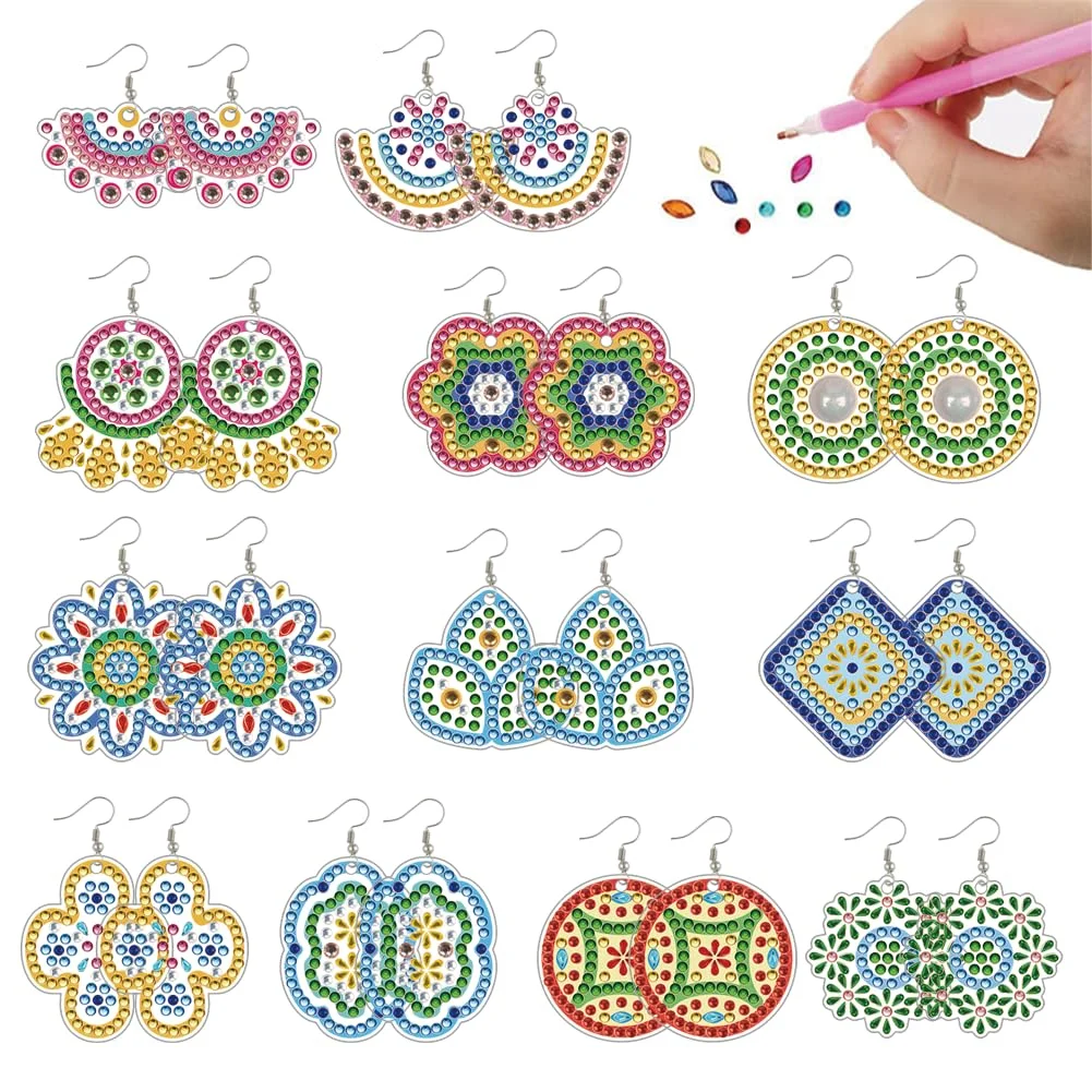 12 Pairs Pattern DIY Diamond Art Earrings Double Sided Diamond Painting Earrings