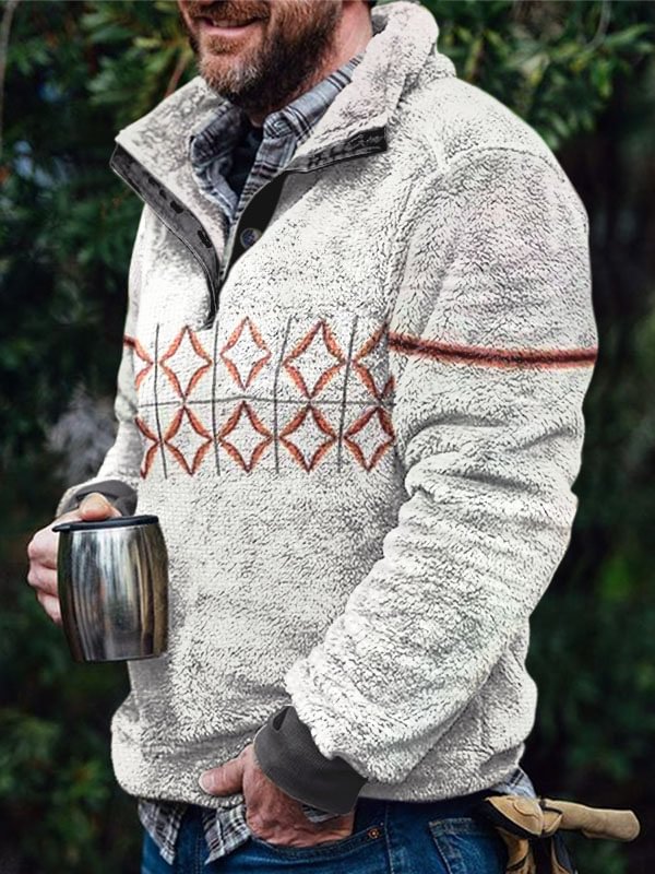 Men's Geometric Printed Stand Collar Button Training Suit Sweater