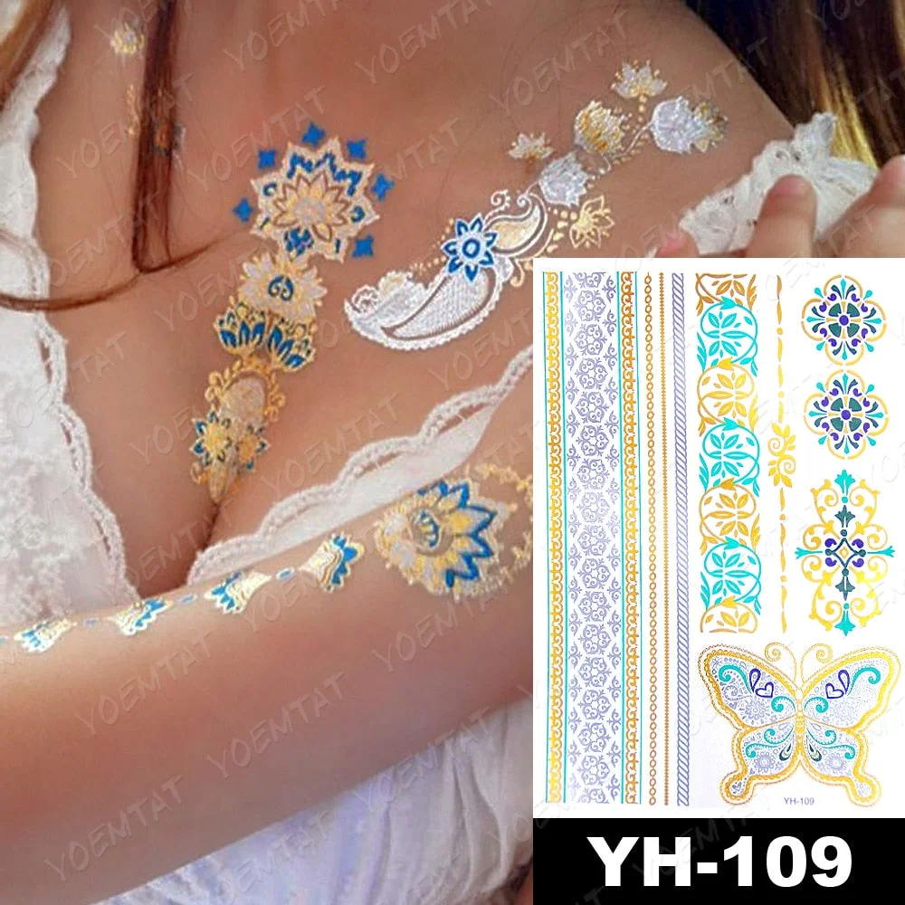 Waterproof Temporary Tattoo Sticker Gold Silver Henna Indian Hand Painted Glitter Tattoos Women Mandala Flower Feather Body Art