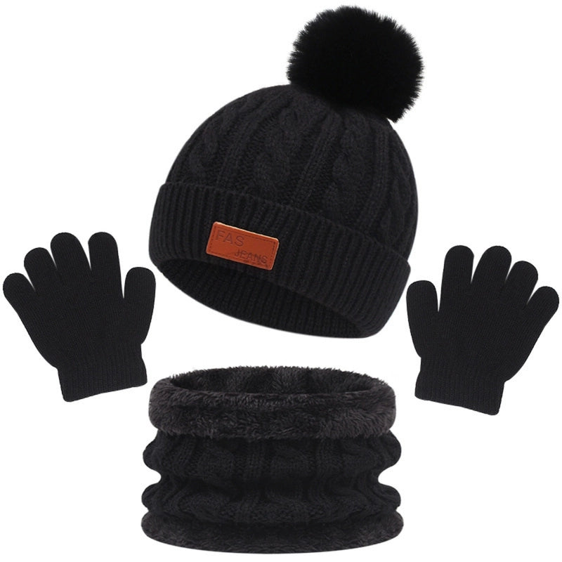 Autumn And Winter Children’s Warm Knitted Hat Scarf Gloves Three-piece Set Baby Outdoor Cold-proof Wool Hat Three Pieces