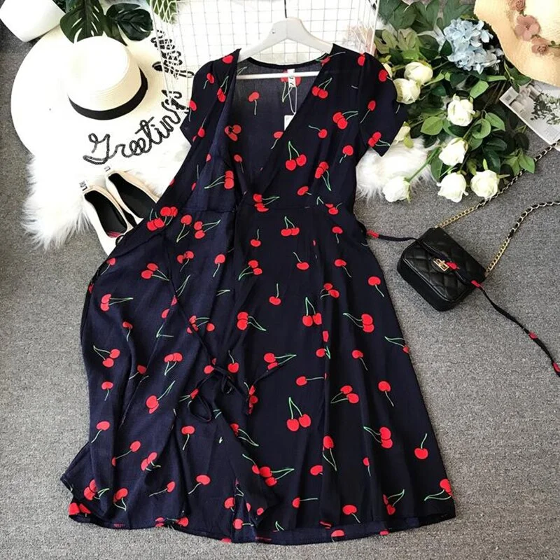 2020 Summer Elegant V-neck Cherry Print Women Dress Short sleeve Slim Bohemia Chiffon Dresses A-Line Ladies Wrap Dress Vestidos