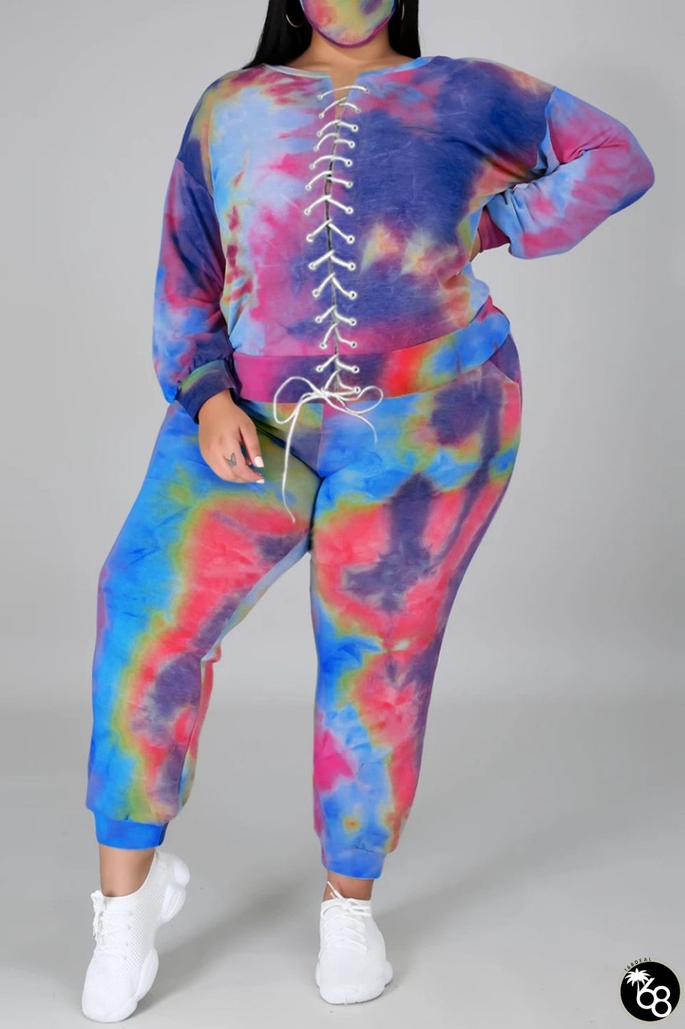 Dark Blue Casual Print Frenulum Tie-dye O Neck Plus Size Two Pieces | 168DEAL