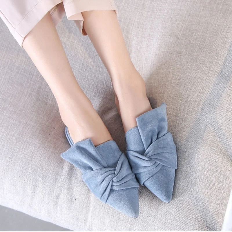 Elegant Ladies Mules Summer Women Slippers Flock Bow-knot Flats Fashion Pointed Toe Ladies Office Shoes Slides Woman Slipper