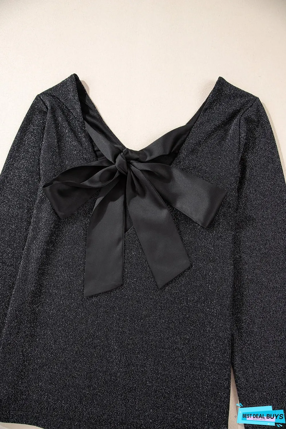 Black Metallic Bowknot Open Back V Neck Top
