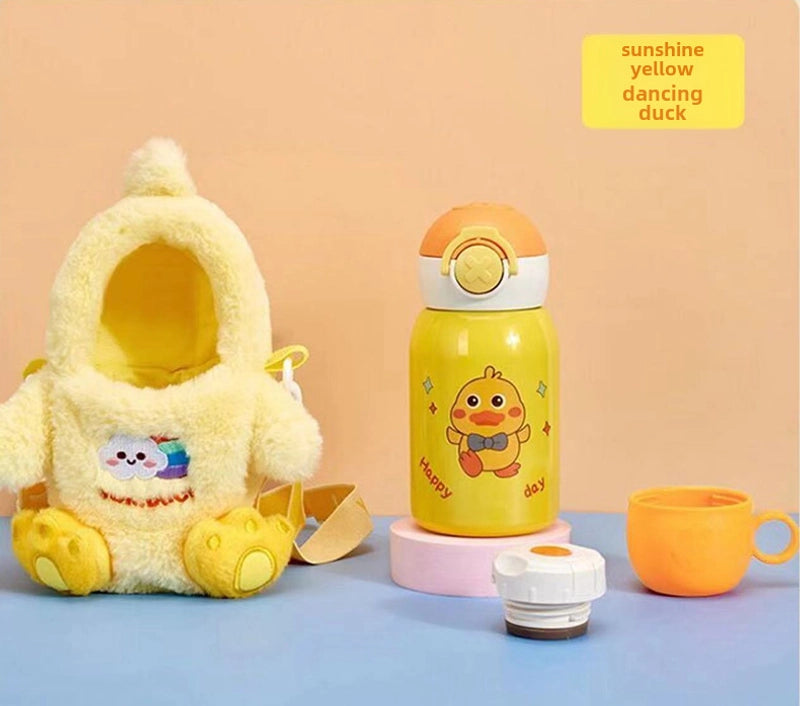 316 Vacuum Cup For Girls With Plush Cup Cover Kettle Crossbody Portable Cute Student Quilt Children Straw Water Cup